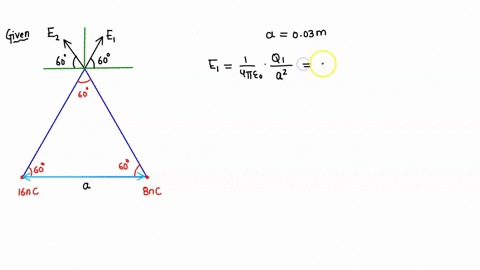 two-point-charges-16nc-and-8nc-are-situated-at-the-corners-b-and-c-of-an-equilateral-triangle-of-side-003m-find-the-magnitude-and-direction-of-the-resultant-electric-field-at-the-vertex-a-of-15023