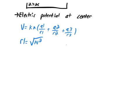 the-figure-shows-three-charges-q1-q2-and-q3-situated-at-corners-of-a-rectangle-of-sides-a-140-cm-and-b-70-cm-for-q1-490-c-q2-490-c-and-q3-250-c-find-the-electric-potential-at-the-center-of-t-05184