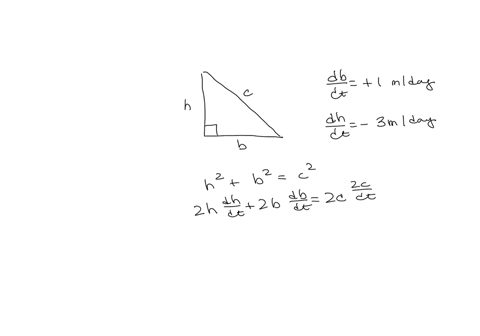 question-17-the-base-of-right-triangle-is-increasing-at-a-rate-of-meter-per-day-and-the-height-is-decreasing-at-a-rate-of-3-meters-per-day-when-the-base-is-13-meters-and-the-height-is-8-mete-75034