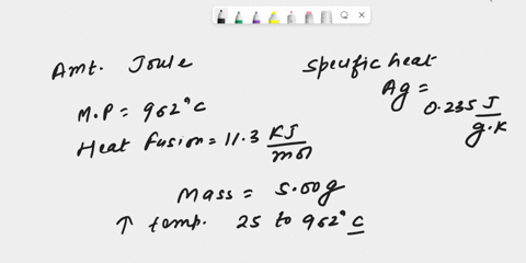 the-specific-heat-capacity-of-silver-is-0235jgk-its-melting-point-is-962c-and-itsheat-of-fusion-is-113-kjmol-what-quantity-of-heat-in-joules-is-required-to-change500-g-of-silver-from-a-solid-75066