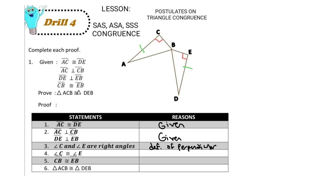 SOLVED: LESSON: POSTULATES ON TRIANGLE CONGRUENCE Drill, 47% OFF