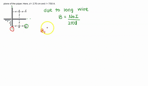 required-information-two-long-straight-wires-carry-the-same-amount-of-current-in-the-directions-indicated-the-wires-cross-each-other-in-the-plane-of-the-paper-here-d-270-cm-and-750-a-what-is-89134