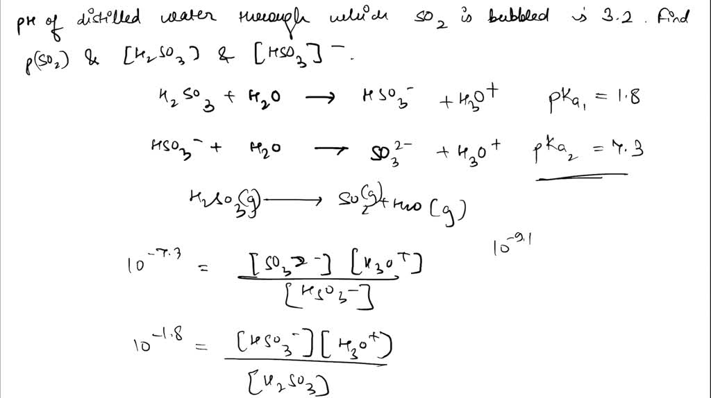 SOLVED: The pH of distilled water through which SO2 has been bubbled is ...