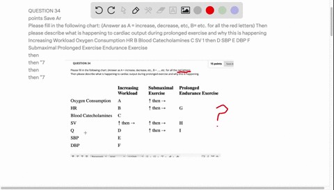 question-34-points-save-ar-please-fill-in-the-following-chart-answer-as-a-increase-decrease-etc-b-etc-for-all-the-red-letters-then-please-describe-what-is-happening-to-cardiac-output-during-08395