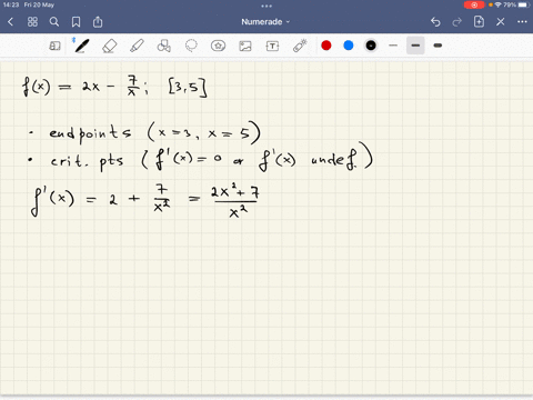 find-the-absolute-maximum-value-and-the-absolute-minimum-value-if-any-of-the-function-if-an-answer-does-not-exist-enter-dne-fx-2x-7x-on-3-5-maximum-dne-minimum-dne-61592