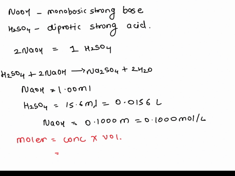 you-are-given-500-ml-of-an-h2so4-solution-of-unknown-concentration-you-divide-the-500-ml-sample-into-five-100-ml-samples-and-titrate-each-separately-with-01000-m-naoh-in-each-titration-the-h2so4-is-co