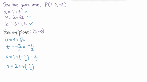 consider-the-line-which-passes-through-the-point-p1-2-2-and-which-is-parallel-to-the-line-x-ity-2-6t2-3-6t-find-the-point-of-intersection-of-this-new-line-with-each-of-the-coordinate-planes-77837