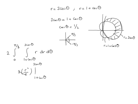 sketch-a-graph-of-the-region-bounded-by-the-graphs-of-the-equations-then-use-double-integral-to-find-the-area-a-of-the-region-inside-the-circle-r-3-cos-0-and-outside-the-cardioid-r-1-cos-0-28413