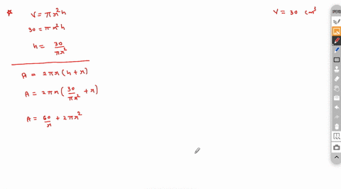 for-an-closed-cylinder-with-radius-r-cm-and-height-h-cm-find-the-dimensions-giving-the-minimum-surface-area-given-that-the-volume-is-30-cm-note-enter-exact-answers-or-round-to-three-decimal-07037