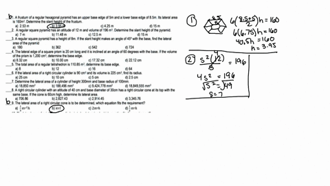 a-frustum-of-a-regular-hexagonal-pyramid-has-an-upper-base-edge-of-sm-and-a-lower-base-edge-of-8-sm-its-lateral-area-160m-determine-the-slant-height-of-the-frustum-253-m-b-395-m-25-m-d-15m-r-97772