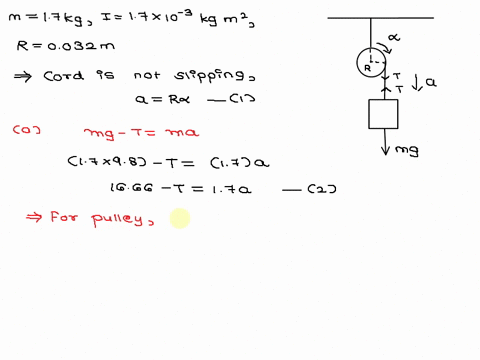 a-block-mass-17-kg-is-hanging-from-a-massless-cord-that-is-wrapped-around-a-pulley-moment-of-inertia-17-x-10-3-kgm2-as-the-figure-shows-initially-the-pulley-is-prevented-from-rotating-and-th-13705