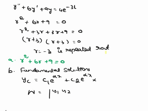 in-this-problem-you-will-use-variation-of-parameters-to-solve-the-nonhomogeneous-equation-y-6y-9y-4e-a-write-the-characteristic-equation-for-the-associated-homogeneous-equation-use-for-your-48317