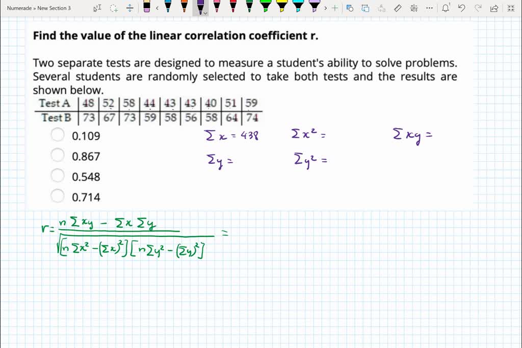 SOLVED Find the value of the linear correlation coefficient r. Two