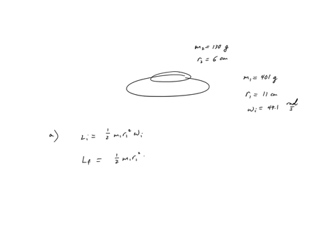 a-a-uniform-disk-m-401-g-r-11-cm-is-spinning-at-a-rate-of-491-rads-when-a-ring-is-dropped-on-it-if-the-ring-has-a-mass-m-013-kg-and-a-radius-r-006-m-and-lands-such-that-the-center-of-the-rin-13568