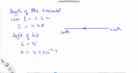 i-a-26-m-length-of-horizontal-wire-carries-a-45-a-current-toward-the-south-the-dip-angle-of-the-earths-magnetic-field-makes-an-angle-of-41circ-to-the-wire-estimate-the-magnitude-of-the-magnetic-force-
