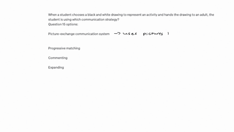 when-a-student-chooses-a-black-and-white-drawing-to-represent-an-activity-and-hands-the-drawing-to-an-adult-the-student-is-using-which-communication-strategy-question-15-options-picture-exchange-commu