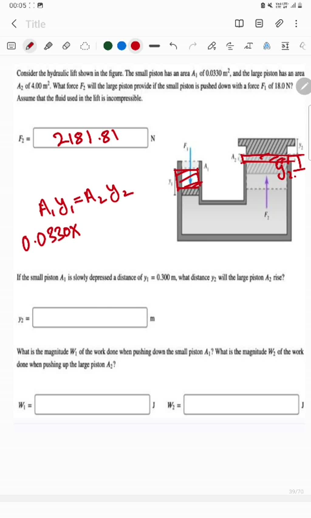 SOLVED Find the load lifting capacity (F) of the pressure booster system shown below Given p1