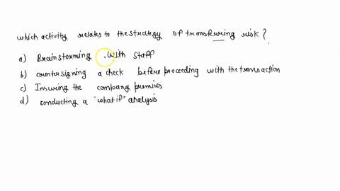 which-activity-relates-to-the-strategy-of-transferring-risk-a-brainstorming-with-staff-b-countersigning-a-check-before-proceeding-with-the-transaction-cinsuring-the-company-premises-d-conduc-47942