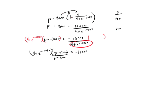 the-demand-function-for-a-product-is-given-by-p-40001-44e-002x-where-p-is-the-price-per-unit-in-dollars-and-x-is-the-number-of-units-sold-find-the-number-of-units-sold-when-p-400-and-p-600-82205