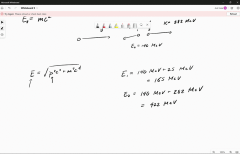 a-particle-of-rest-energy-mc2-is-moving-with-speed-v-in-the-positive-x-direction-the-particle-decays-into-two-particles-each-of-rest-energy-140-mev-one-particle-with-kinetic-energy-282-mev-m-51667
