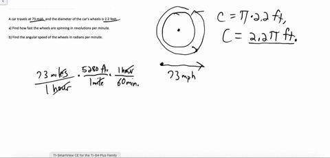 a-car-is-moving-at-a-rate-of-73-miles-per-hour-and-the-diameter-of-its-wheels-is-22-feet-round-your-answers-to-three-decimal-places-a-find-the-number-of-revolutions-per-minute-the-wheels-are-50599