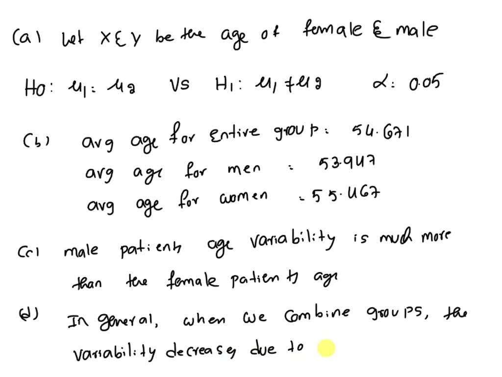 SOLVED: You have been analyzing discharges by sex from DRG 462,  Rehabilitation, for Critical Care Hospital. Specifically, you are  interested in determining if there is a difference in average age by sex.