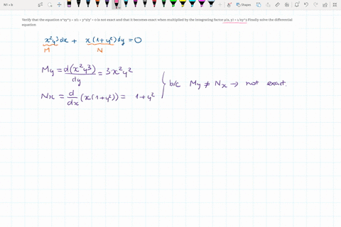 verify-that-the-equation-x2y3-x1-y2y-0-is-not-exact-and-that-it-becomes-exact-when-multiplied-by-the-integrating-factor-x-y-1xy3-finally-solve-the-differential-equation