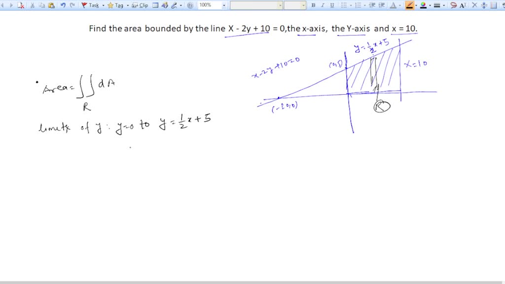 solved-find-the-area-bounded-by-the-line-x-2y-10-0-the-x-axis