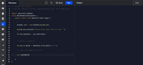 write-a-program-in-java-that-reads-one-1-line-of-input-text-and-counts-the-number-of-words-and-number-of-characters-in-the-input-text-assume-words-are-separated-by-one-or-more-spaces-between-each-othe