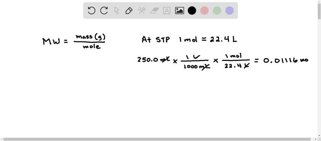 SOLVED: a) 0.190g of a gas occupies 250.0 mL at STP. What is its ...