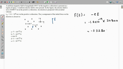 a-uniform-magnetic-field-of-magnitude-080-t-in-the-negative-z-direction-is-present-in-a-region-of-space-a-uniform-electric-field-is-also-present-in-the-figure-the-electric-field-is-set-at-20-25756