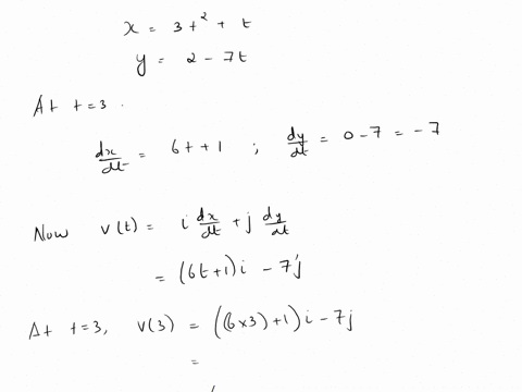 the-x-and-y-coordinated-of-a-moving-particle-are-given-by-the-parametric-equation-x3t2t-y2-7t-find-the-magnitude-and-direction-of-the-velocity-at-t-3-seconds-the-distance-is-measured-in-mete-27472