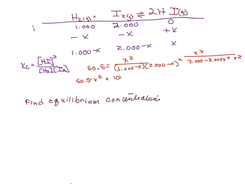 a-1000-l-flask-is-filled-with-1000-mol-of-h2g-and-2000-mol-of-i2g-at-447-c-the-value-of-the-equilibrium-constant-kc-for-the-reaction-h2-i2-2hi-at-448-c-is-505what-are-the-equilibrium-concent-17832