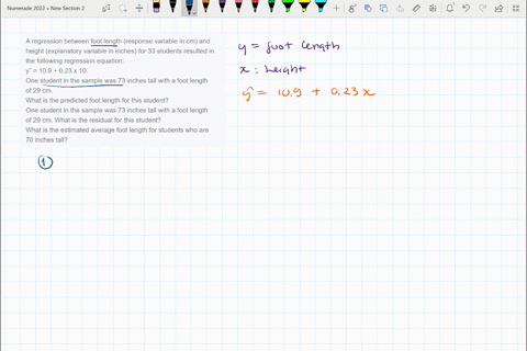 a-regression-between-foot-length-response-variable-in-cm-and-height-explanatory-variable-in-inches-for-33-students-resulted-in-the-following-regression-equation-y-109-023-x-10-one-student-in-78848