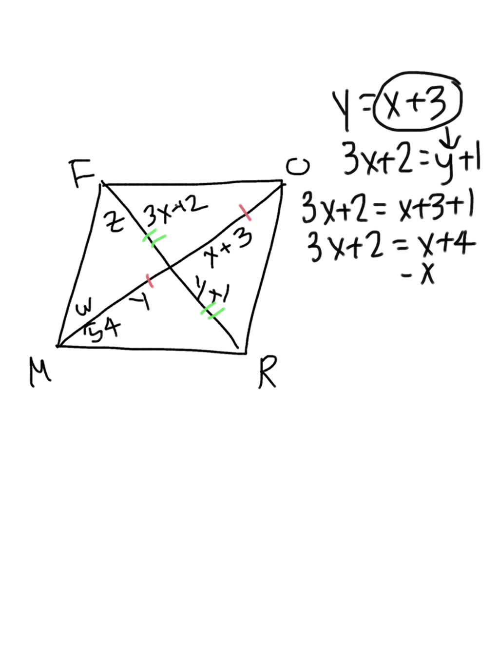 Solved Determine The Value Of Every Variable In The Rhombus Below X 3 3x 2 Y 1 540 9658