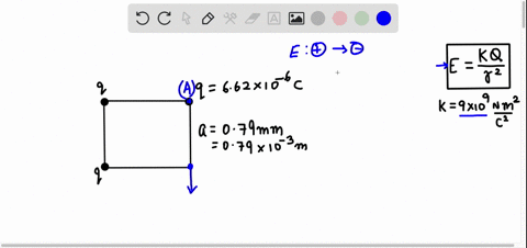 calculate-the-magnitude-of-the-electric-field-at-one-corner-of-a-square-0790-mm-on-a-side-if-the-other-three-corners-are-occupied-by-662106-cc-charges-38083