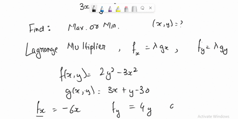 find-the-extremum-of-fxy-subject-to-the-given-constraint-and-state-whether-it-is-a-maximum-or-a-minimum-fxy-2y2-3x2-3x-y-30-there-is-a-maximum-or-minimum-value-of-located-at-xy-05459