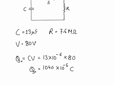 for-the-circuit-shown-in-the-figure-c-13fand-r-76-mq-initially-the-switch-sis-open-with-the-capacitor-charged-to-a-voltage-of-80-v-the-switch-is-then-closed-at-time-t-000-s-whatis-thecharge-20849