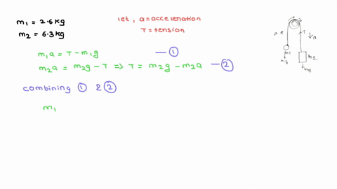 1-two-objects-with-masses-of-m1-260-kg-and-m2-630-kg-are-connected-by-a-light-string-that-passes-over-a-frictionless-pulley-as-in-the-figure-below-a-string-passes-over-a-pulley-which-is-susp-88227