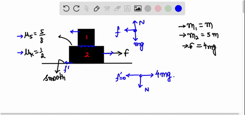 block-1-of-mass-m-is-on-top-of-block-2-of-mass-5m-as-shown-in-the-figure-block-2-is-on-a-horizontal-smooth-plane-and-a-rope-can-pull-horizontally-on-block-2-the-static-and-kinetic-friction-c-19178