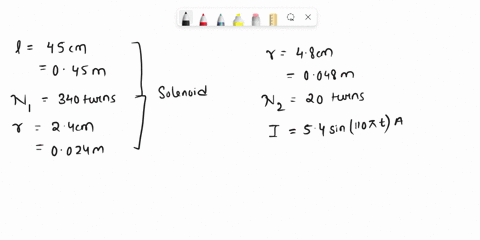 a-solenoid-of-length-45-cm-has-340-turns-of-radius-24-cm-a-coil-of-radius-48-cm-with-20-turns-is-placed-around-the-solenoid-the-axes-of-the-coil-and-solenoid-coincide-find-the-emf-induced-in-78747