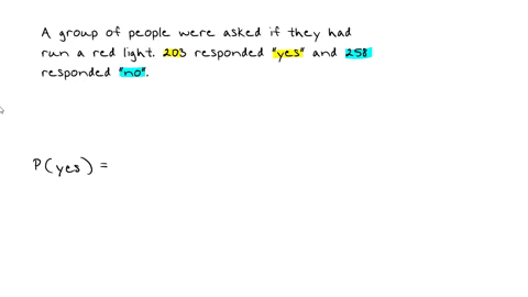 a-group-of-people-were-asked-if-they-had-run-a-red-light-in-the-last-year-203-responded-yes-and-258-responded-no-find-the-probability-that-if-a-person-is-chosen-at-random-they-have-run-a-red-light-in