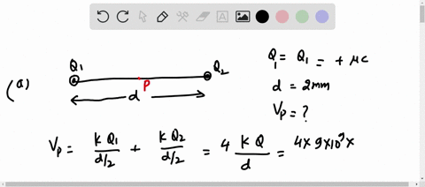 two-charges-q1-q2-100-c-are-20-mm-apart-as-shown-below-a-calculate-the-electric-potential-at-point-p-relative-to-a-point-infinitely-far-away-b-another-charge-q3-500-c-is-initially-at-a-point-very-far-