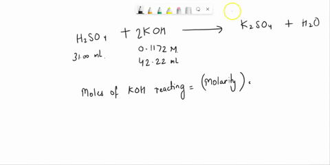 a-3100-mlml-sample-of-an-h2so4h2so4-solution-of-unknown-concentration-is-titrated-with-a-01172-mm-kohkoh-solution-a-volume-of-4222-mlml-of-kohkoh-was-required-to-reach-the-equivalence-point-28062