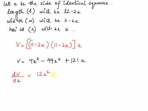 if-an-open-box-is-made-from-a-tin-sheet-11-in-square-by-cutting-out-identical-squares-from-each-corner-and-bending-up-the-resulting-flaps-determine-the-dimensions-of-the-largest-box-that-can-40994