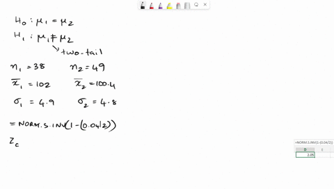 a-sample-of-38-observations-is-selected-from-one-population-with-a-population-standard-deviation-of-49-the-sample-mean-is-1020-a-sample-of-49-observations-is-selected-from-a-second-populatio-82985