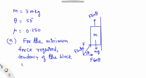 a-block-of-mass-300-kg-is-pushed-up-gainst-wall-by-force-f-that-makes-an-angle-of-0-50-with-the-horizontal-as-shown-in-the-figure-the-coefficient-of-static-friction-between-the-block-and-the-80053