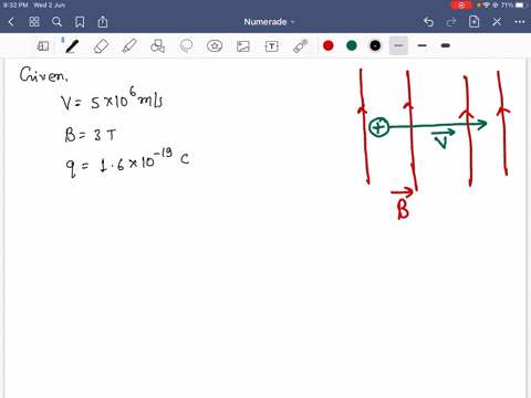 one-proton-moves-at-5x10-6-ms-from-left-to-right-in-a-vertical-magnetic-field-of-3t-find-the-magnitude-of-the-magnetic-force-exerted-on-the-proton