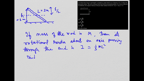 17-a-thin-rod-of-mass-m-and-length-i-is-hinged-at-a-point-which-is-at-a-distance-h-h-1-above-the-horizontal-surface-the-rod-is-released-from-rest-from-the-horizontal-position-if-e-is-the-co-efficient