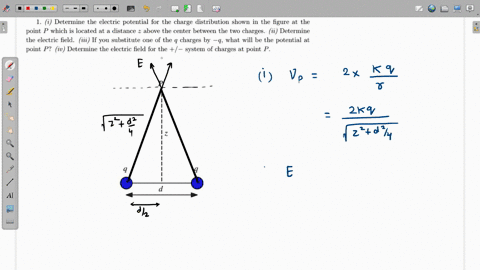 determine-the-electric-potential-for-the-charge-distribution-shown-in-the-figure-at-the-point-p-which-is-located-at-a-distance-z-above-the-center-between-the-two-charges-determine-the-electr-95948